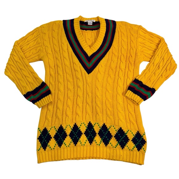 VTG IZOD Cable Knit Sweater Men’s S V Neck Tennis Yellow Striped 100% Cotton - Picture 1 of 10